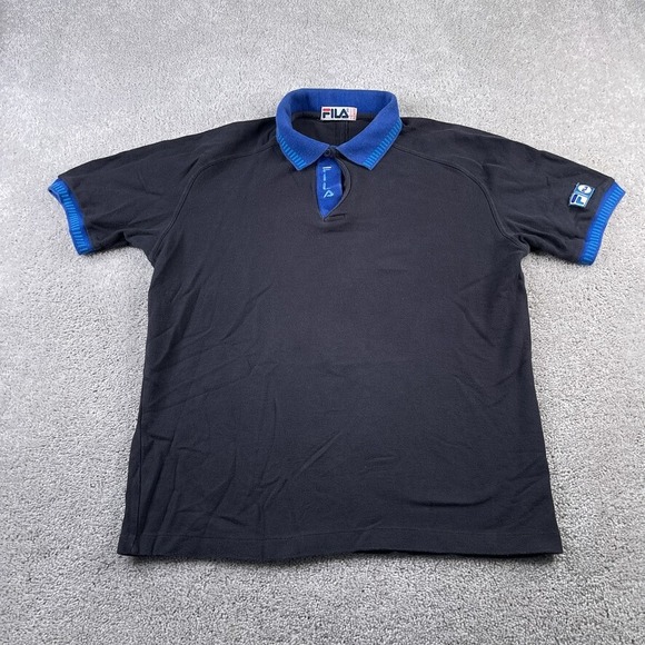 Fila Other - VINTAGE Fila Polo Shirt Mens Medium Black‎ Blue Logo Cotton Ringer Retro 90s